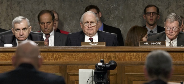 Sens. Jack Reed, D-R.I., Carl Levin, D-Mich., and James Inhofe, R-Okla., listen during a Armed Services Committee hearing, on April 3, 2014. Sens. Jack Reed, D-R.I., Carl Levin, D-Mich., and James Inhofe, R-Okla., listen during a Armed Services Committee hearing, on April 3, 2014.