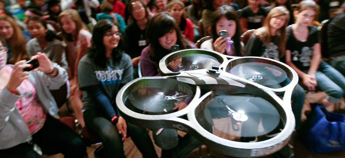 A radio-controlled drone, dubbed "Navy STEM Drone," flies near audience members before the Oh! Zone show at the 12th annual Science Technology Education Partnership Conference in Riverside, Calif., Oct. 26, 2011. A radio-controlled drone, dubbed "Navy STEM Drone," flies near audience members before the Oh! Zone show at the 12th annual Science Technology Education Partnership Conference in Riverside, Calif., Oct. 26, 2011.