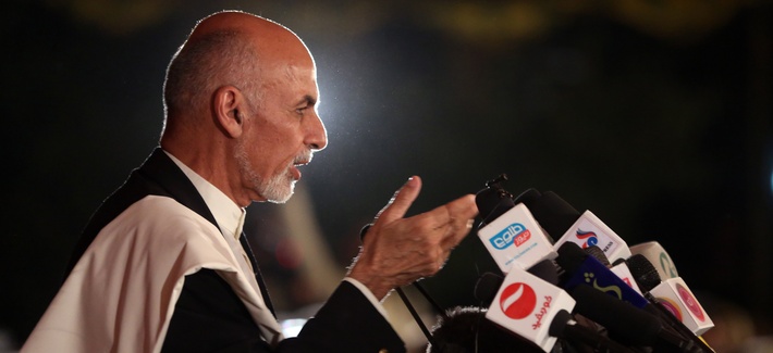 Afghanistan's leading presidential candidate Ashraf Ghani Ahmadzai speaks for his allies, in front of the media representatives, at his resident in Kabul, Afghanistan, June 25, 2014. Afghanistan's leading presidential candidate Ashraf Ghani Ahmadzai speaks for his allies, in front of the media representatives, at his resident in Kabul, Afghanistan, June 25, 2014.
