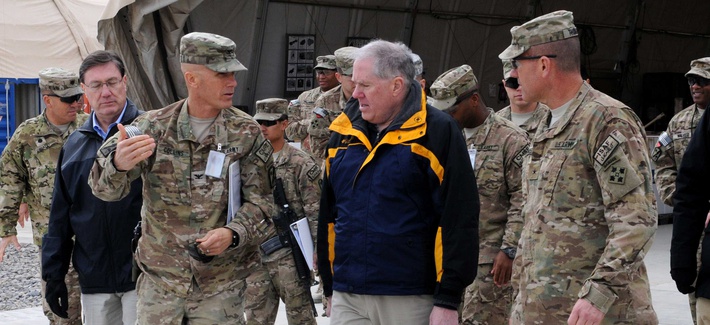 The Pentagon's top weapons buyer Frank Kendall tours a facility at Kandahar Airfield, Afghanistan, on February 9, 2014. The Pentagon's top weapons buyer Frank Kendall tours a facility at Kandahar Airfield, Afghanistan, on February 9, 2014.