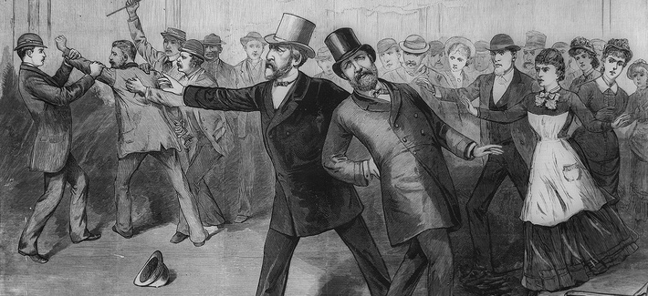 An engraving showing the assassination of President James Garfield An engraving showing the assassination of President James Garfield