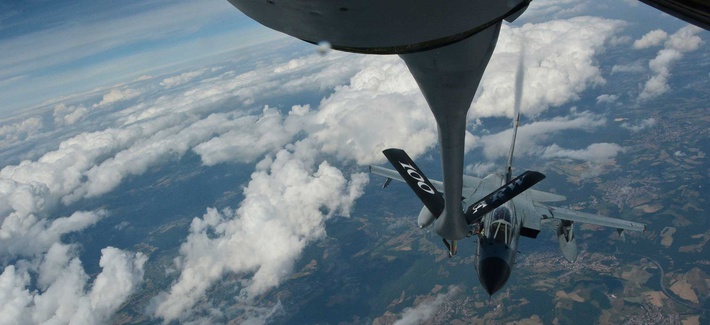 A KC-135 from RAF Mildenhall, England, refuels a German Tornado jet over Germany, on June 24, 2014. A KC-135 from RAF Mildenhall, England, refuels a German Tornado jet over Germany, on June 24, 2014.