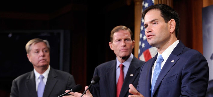 Sens. Marco Rubio, R-Fla., Lindsey Graham, R-S.C., and Richard Blumenthal, D-Conn., speak to reporters during a press conference on Thursday. Sens. Marco Rubio, R-Fla., Lindsey Graham, R-S.C., and Richard Blumenthal, D-Conn., speak to reporters during a press conference on Thursday.
