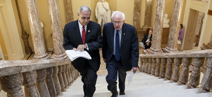 Senate Veterans’ Affairs Committee Chairman Sen. Bernie Sanders, I-Vt., right and House Veterans’ Affairs Committee Chairman Rep. Jeff Miller, R-Fla., head to a news conference on Capitol Hill on Monday. Senate Veterans’ Affairs Committee Chairman Sen. Bernie Sanders, I-Vt., right and House Veterans’ Affairs Committee Chairman Rep. Jeff Miller, R-Fla., head to a news conference on Capitol Hill on Monday.