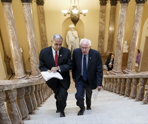Senate Veterans’ Affairs Committee Chairman Sen. Bernie Sanders, I-Vt., right and House Veterans’ Affairs Committee Chairman Rep. Jeff Miller, R-Fla., head to a news conference on Capitol Hill on Monday. Senate Veterans’ Affairs Committee Chairman Sen. Bernie Sanders, I-Vt., right and House Veterans’ Affairs Committee Chairman Rep. Jeff Miller, R-Fla., head to a news conference on Capitol Hill on Monday.