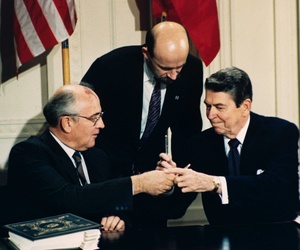 President Reagan signs the Intermediate Range Nuclear Forces Treaty with Soviet Premier Mikhail Gorbachev. President Reagan signs the Intermediate Range Nuclear Forces Treaty with Soviet Premier Mikhail Gorbachev.