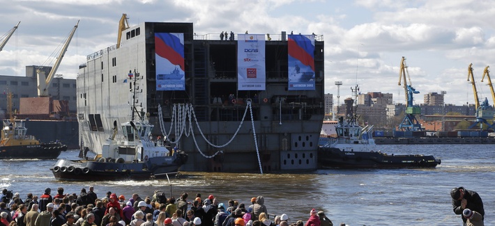 The stern of the Sevastopol, a Mistral class amphibious assault ship, is launched at a shipyard in St. Petersburg, Russia, on April 30, 2014. The stern of the Sevastopol, a Mistral class amphibious assault ship, is launched at a shipyard in St. Petersburg, Russia, on April 30, 2014.