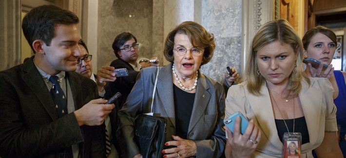 Senate Intelligence Committee Chair Sen. Dianne Feinstein, D-Calif., speaks to reporters as she leaves a Democratic Caucus meeting on Capitol Hill. Senate Intelligence Committee Chair Sen. Dianne Feinstein, D-Calif., speaks to reporters as she leaves a Democratic Caucus meeting on Capitol Hill.