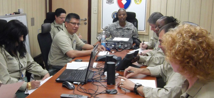 An Army lieutenant colonel with the Defense Contract Management Agency runs a staff meeting in DCMA Iraq, on May 17, 2012. An Army lieutenant colonel with the Defense Contract Management Agency runs a staff meeting in DCMA Iraq, on May 17, 2012.
