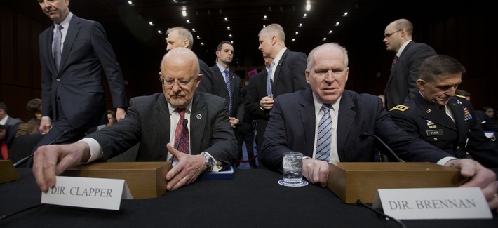 Director of National Intelligence James Clapper and CIA Director John Brennan prepare to testify before the Senate Intelligence Committee on Capitol Hill on January 29, 2014. Director of National Intelligence James Clapper and CIA Director John Brennan prepare to testify before the Senate Intelligence Committee on Capitol Hill on January 29, 2014.