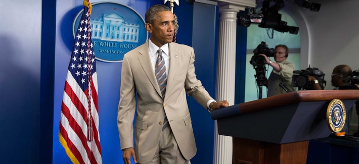 President Obama leaves the podium in the James Brady Press Briefing room on Thursday. President Obama leaves the podium in the James Brady Press Briefing room on Thursday.