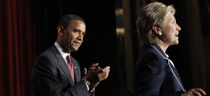 Then presidential candidate Sen. Barack Obama, D-Ill., applauds as he is introduced by Sen. Hillary Clinton, D-N.Y., during a campaign stop in New York, in July 2008. Then presidential candidate Sen. Barack Obama, D-Ill., applauds as he is introduced by Sen. Hillary Clinton, D-N.Y., during a campaign stop in New York, in July 2008.