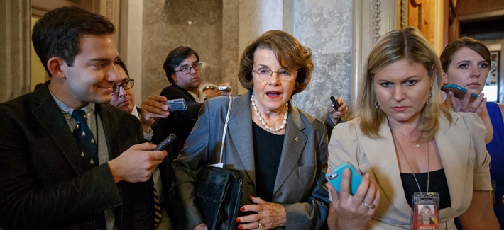 Sen. Dianne Feinstein, D-Calif., speaks to reporters on Capitol Hill after a caucus with fellow Democrats in the Senate. Sen. Dianne Feinstein, D-Calif., speaks to reporters on Capitol Hill after a caucus with fellow Democrats in the Senate.