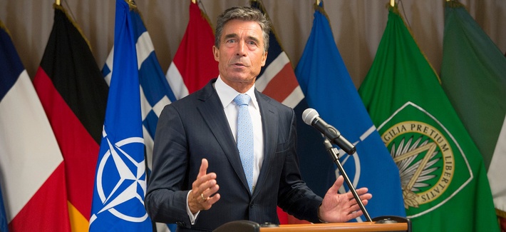 NATO Secretary General Anders Fogh Rasmussen delivers a statement to the press after meeting with British Prime Minister David Cameron at Supreme Headquarters Allied Command Operations. NATO Secretary General Anders Fogh Rasmussen delivers a statement to the press after meeting with British Prime Minister David Cameron at Supreme Headquarters Allied Command Operations.
