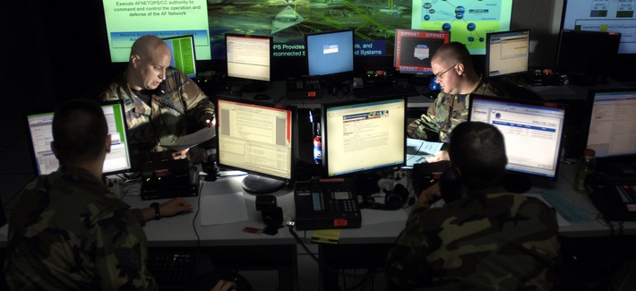 Air Force airmen at Barksdale Air Force Base update anti-virus software for units to assist in the prevention of cyberspace hackers. Air Force airmen at Barksdale Air Force Base update anti-virus software for units to assist in the prevention of cyberspace hackers.
