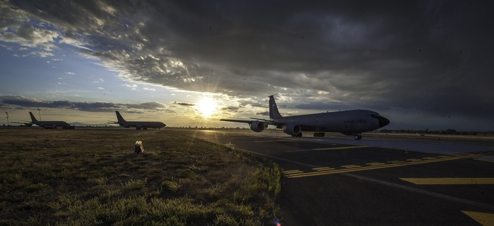 KC-135 Stratotankers taxi to a runway during an exercise at Fairchild Air Force Base, on August 22, 2014. 
