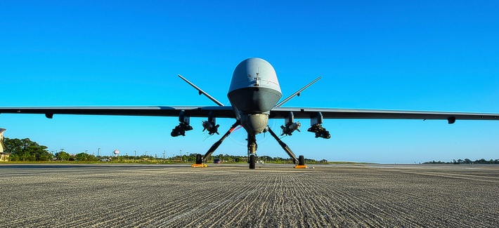 An MQ-9 Reaper sits on the flight line at Hurlburt Field, Fla, on May 3, 2014. 