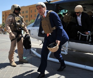 U.S. Secretary of State John Kerry arrives at the U.S. Embassy in Baghdad, Iraq, under heavy security on June 23, 2014.
