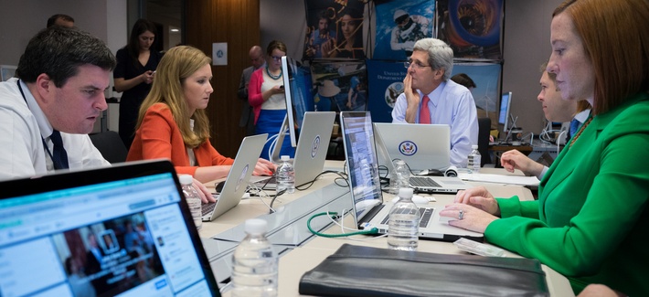 Secretary of State John Kerry hosts a Twitter chat at the State Department, on May 9, 2014.