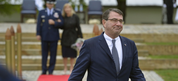 Deputy Defense Secretary Ash Carter departs after presiding over the EUCOM change of command ceremony on May 10, 2013.