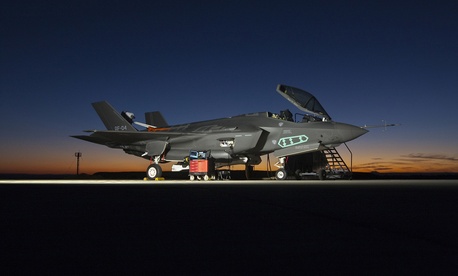 An F-35A is outfitted with a spin recovery chute at Edwards Air Force Base, Calif., during testing. An F-35A is outfitted with a spin recovery chute at Edwards Air Force Base, Calif., during testing.