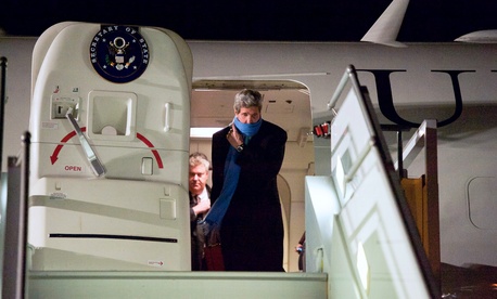 Secretary of State John Kerry deplanes in Geneva, Switzerland, before speaking at the U.N. Human Rights council and further negotiations with Iranian officials over the future of their nuclear program.
