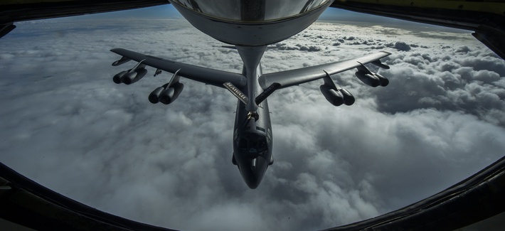 A B-52 Stratofortress is refueled in-flight April 2, 2014 over the Pacific Ocean near Joint Base Pearl Harbor-Hickam, Hawaii. 