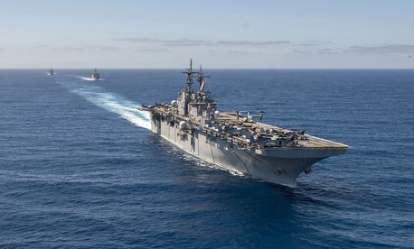 The Wasp-class amphibious assault ship USS Essex (LHD 2), front, the Whidbey Island-class amphibious dock landing ship USS Rushmore (LSD 47) and the San Antonio-class amphibious transport dock ship USS Anchorage conduct a simulated strait transit. The Wasp-class amphibious assault ship USS Essex (LHD 2), front, the Whidbey Island-class amphibious dock landing ship USS Rushmore (LSD 47) and the San Antonio-class amphibious transport dock ship USS Anchorage conduct a simulated strait transit.