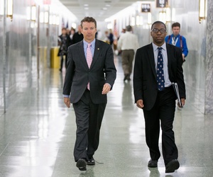 Republican Presidential candidate Sen. Rand Paul, R-Ky., center, walks on Capitol Hill in Washington, Wednesday, April 15, 2015. Republican Presidential candidate Sen. Rand Paul, R-Ky., center, walks on Capitol Hill in Washington, Wednesday, April 15, 2015.