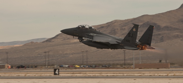 An F-15E Strike Eagle takes off Feb. 4, 2015, from Nellis Air Force Base, Nev., to participate in a Red Flag 15-1 training sortie over the Nevada Test and Training Range.