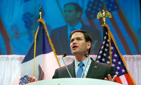 Republican presidential hopeful and iranian hardliner Sen. Marco Rubio, R-Fla., speaks in Waukee, Iowa, April 25, 2015.