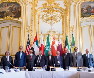 Secretary of State John Kerry and Foreign Ministers of the Gulf Cooperation Council pose for photographers at the Chief of Mission Residence in Paris, France, Friday, May 8, 2015, to discuss Middle East concerns about Iran acquiring nuclear weapons.