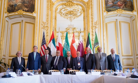Secretary of State John Kerry and Foreign Ministers of the Gulf Cooperation Council pose for photographers at the Chief of Mission Residence in Paris, France, Friday, May 8, 2015, to discuss Middle East concerns about Iran acquiring nuclear weapons.