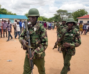 Kenya Defence Forces soldiers arrive at a hospital to escort the bodies of the attackers to be put on public view, in Garissa, Kenya, April 4, 2015.