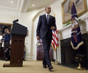 President Barack Obama walk from the podium after speaking in the Roosevelt Room of the White House in Washington, Wednesday, June 24, 2015.