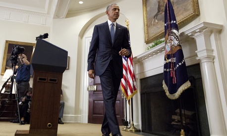 President Barack Obama walk from the podium after speaking in the Roosevelt Room of the White House in Washington, Wednesday, June 24, 2015.
