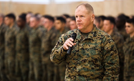 Lt . Gen. Robert Neller, commander of U.S. Marine Corps Forces Command and U.S. Marine Corps Forces Europe, speaks during a transfer of authority ceremony at Mihail Kogalniceanu, Romania, Feb. 9, 2015. Lt . Gen. Robert Neller, commander of U.S. Marine Corps Forces Command and U.S. Marine Corps Forces Europe, speaks during a transfer of authority ceremony at Mihail Kogalniceanu, Romania, Feb. 9, 2015.