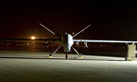 An MQ-9 Reaper sits on the flight line at Hurlburt Field, Fla., April 24, 2014.