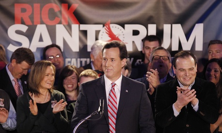 Former Sen. Rick Santorum, R-Penn., pictured here after winning the 2012 Iowa caucus, is struggling for recognition, much less traction, toward 2016. 