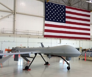 A lonely Predator drone sits in an airplane hanger at the Creech, Air Force base in Nevada, June, 2015.