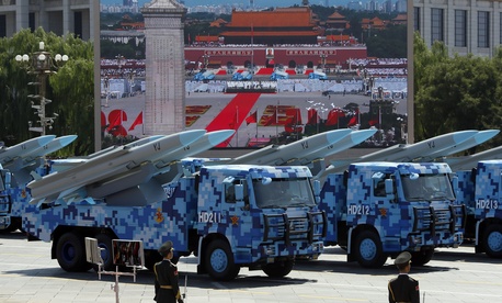 Military vehicles carry YJ anti-ship cruise missiles during a parade with more than 500 pieces of military hardware and 200 aircraft of various types, representing what military officials say is the Chinese military's most cutting-edge technology. Military vehicles carry YJ anti-ship cruise missiles during a parade with more than 500 pieces of military hardware and 200 aircraft of various types, representing what military officials say is the Chinese military's most cutting-edge technology.