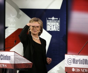 Hillary Rodham Clinton looks at audience during a commercial break at a Democratic presidential primary debate, Saturday, Nov. 14, 2015, in Des Moines, Iowa.