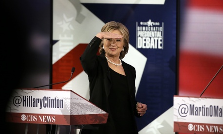 Hillary Rodham Clinton looks at audience during a commercial break at a Democratic presidential primary debate, Saturday, Nov. 14, 2015, in Des Moines, Iowa.