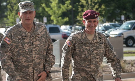 John W. Nicholson Jr., right, then the major general in command of the 82nd Airborne Division, walks with Army Chief of Staff, Gen. Ray Odierno at Fort Bragg, N.C., in this 2014 photo.