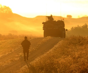 U.S. Army soldiers from the 2nd Cavalry Regiment, patrol a road at the Grafenwoehr Training Area during Exercise Saber Junction 12 in 2012. U.S. Army soldiers from the 2nd Cavalry Regiment, patrol a road at the Grafenwoehr Training Area during Exercise Saber Junction 12 in 2012.