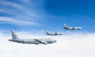 Boeing's KC-46A conducting tests of aircraft acceleration and vibration exposure while flying in receiver formation at various speeds and altitudes behind either the KC-10 Extender or the KC-135 Stratotanker, Oct. 19, 2015, over Owens Valle, Calif.