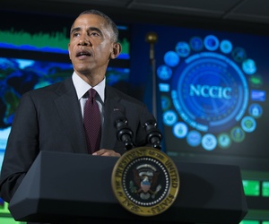 President Barack Obama speaks at the National Cybersecurity and Communications Integration Center in Arlington, Va., Jan. 13, 2015.
