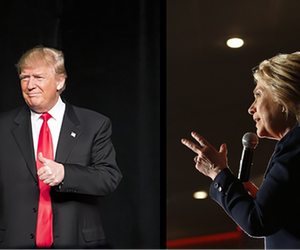 At left, Donald Trump speaks at a campaign event, Feb. 21, 2016, in Atlanta; at right, Hillary Clinton speaks at a rally, June 2, 2016, in El Centro, Calif.