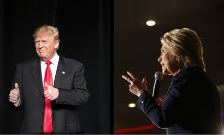 At left, Donald Trump speaks at a campaign event, Feb. 21, 2016, in Atlanta; at right, Hillary Clinton speaks at a rally, June 2, 2016, in El Centro, Calif.