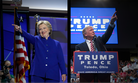 At left, Hillary Clinton at the Democratic National Convention, July 27, 2016; and Donald Trump at a campaign rally the same day in Toledo, Ohio. 